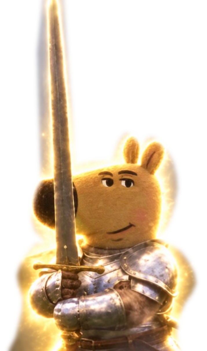 Chill Guy in shining knight armor, holding a sword